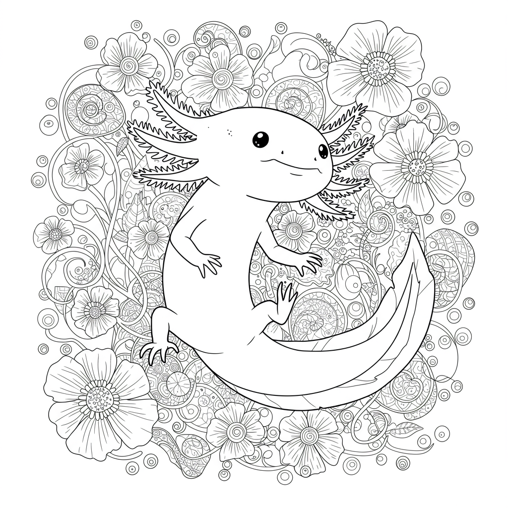 axolotl flowers coloring page