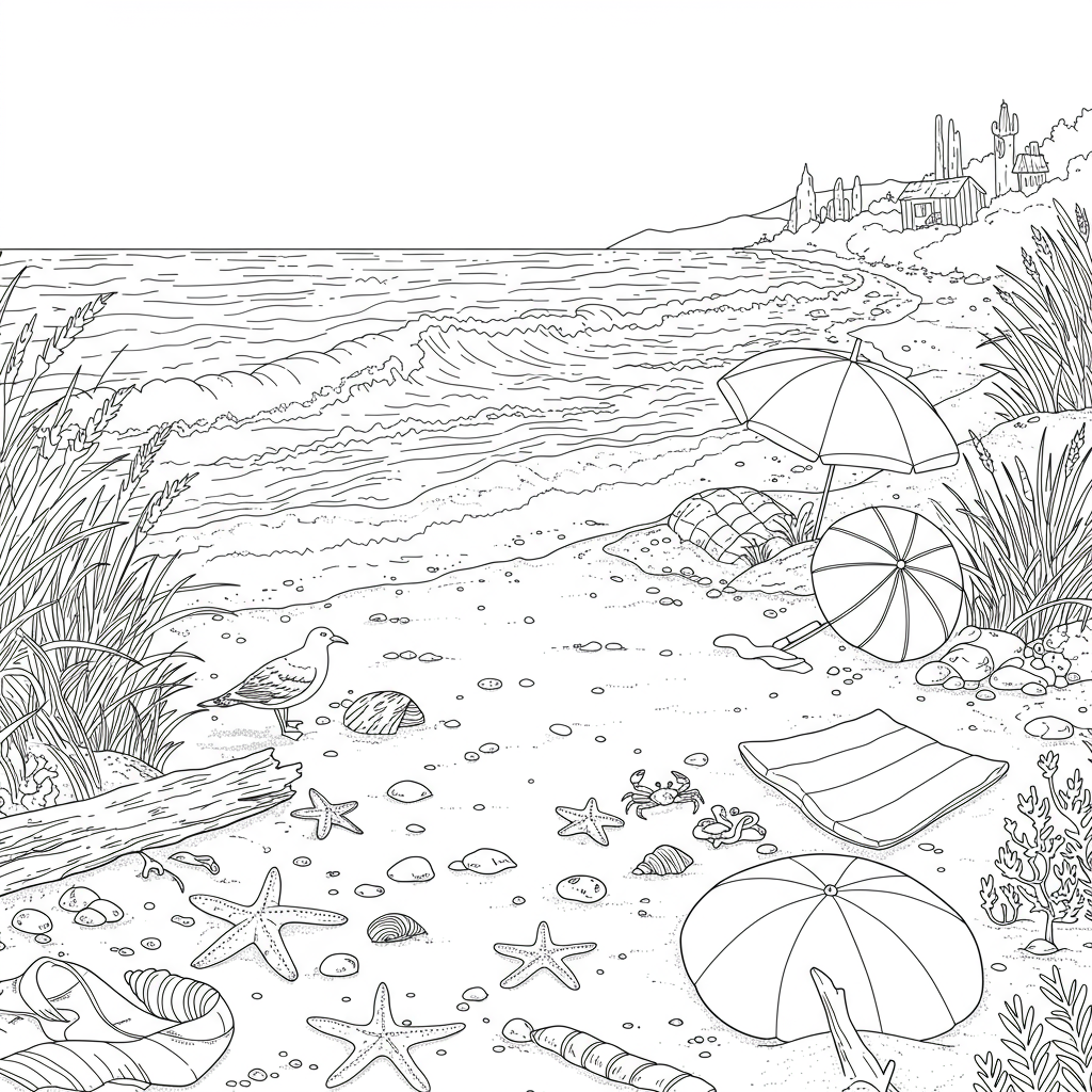 beach detailed coloring page