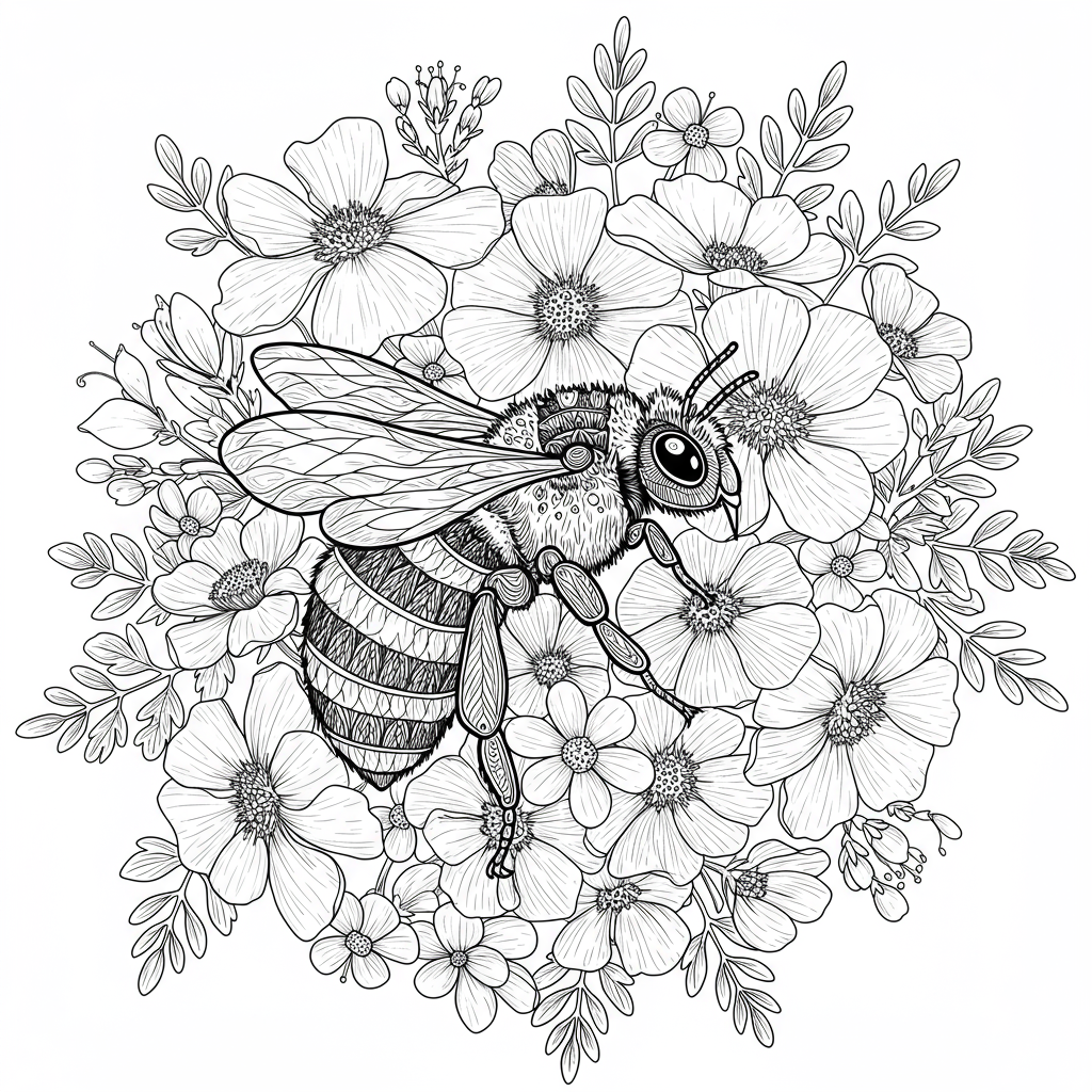 bee flowers coloring page
