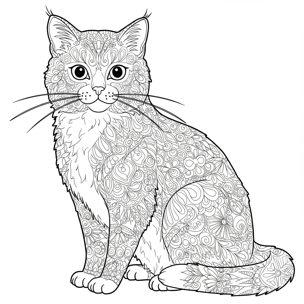 cat color page decorative coloring page