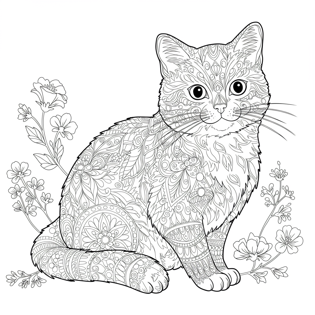 cat color page flowers coloring page