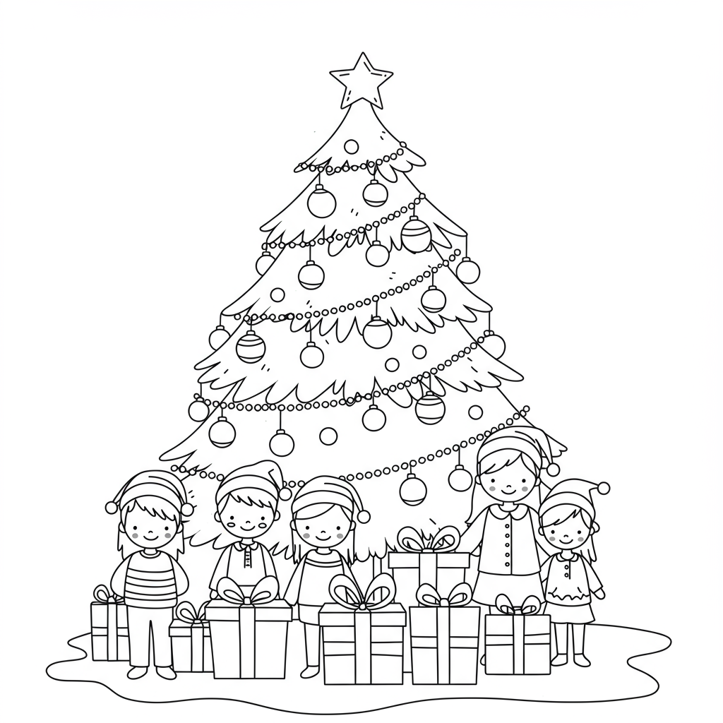 página para colorir árvore de natal em família