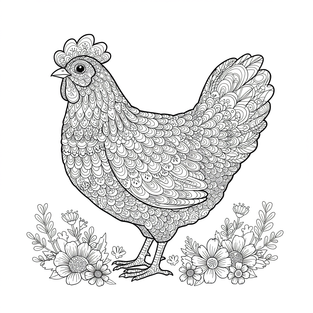 color page chicken flowers coloring page