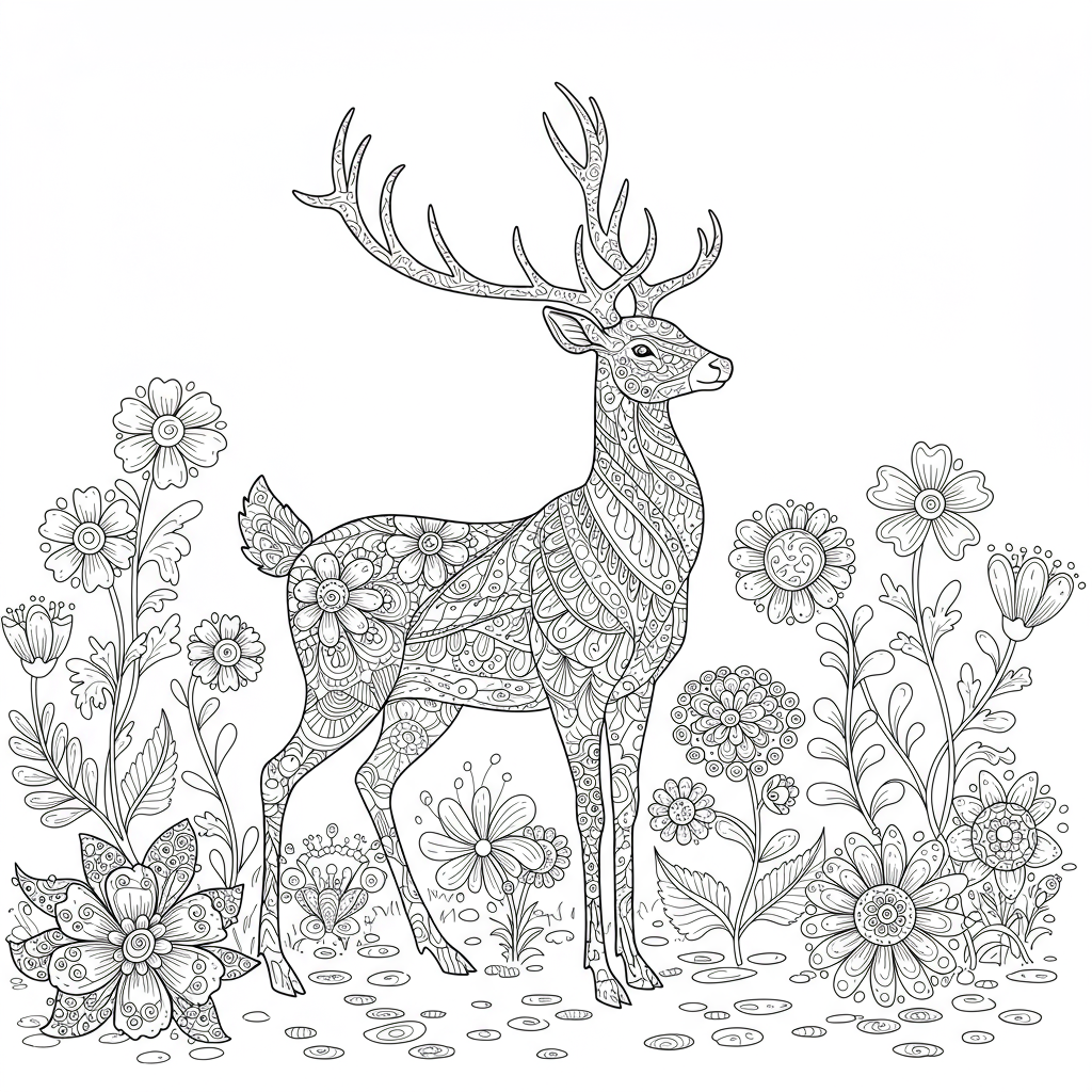 deer flowers coloring page