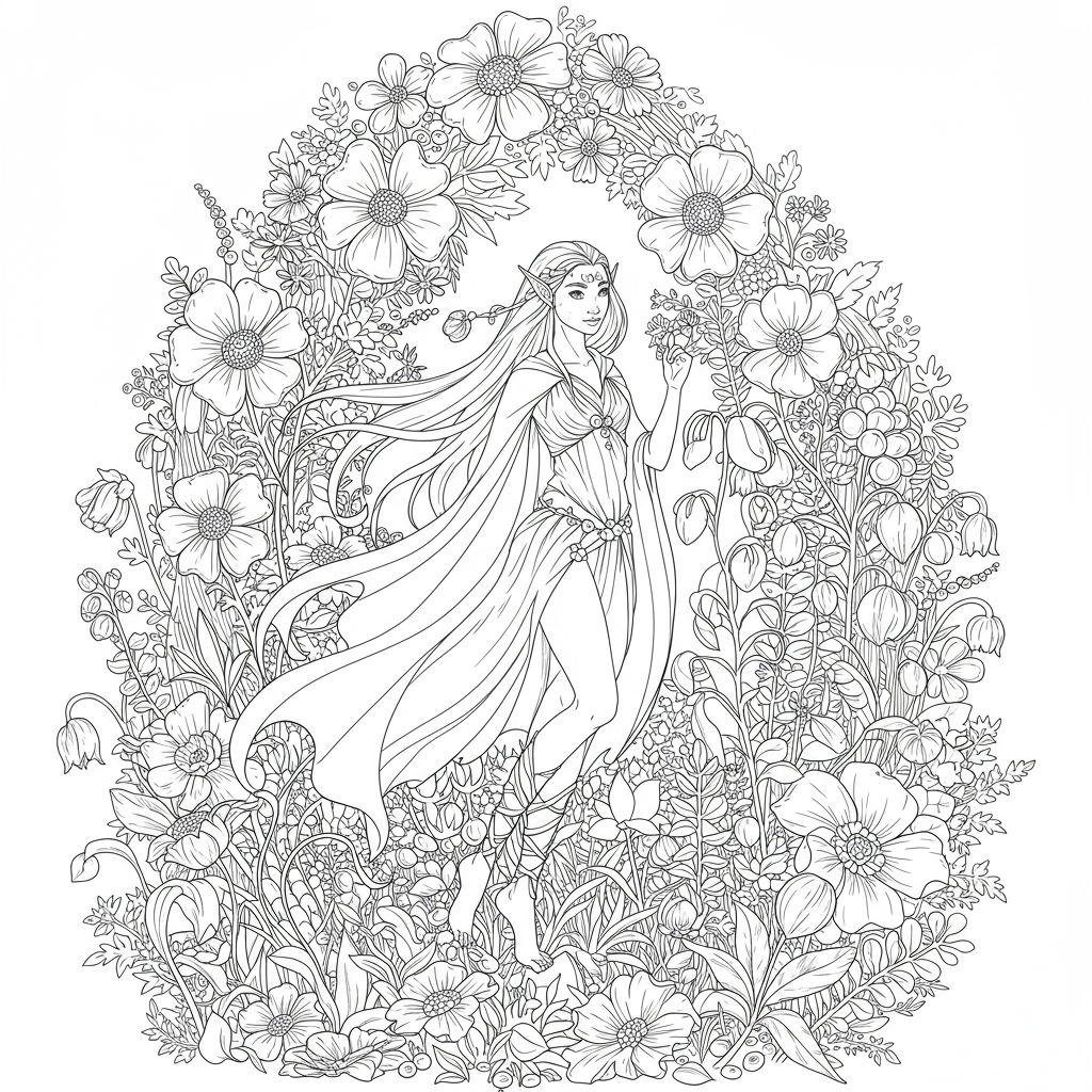 elf flowers coloring page