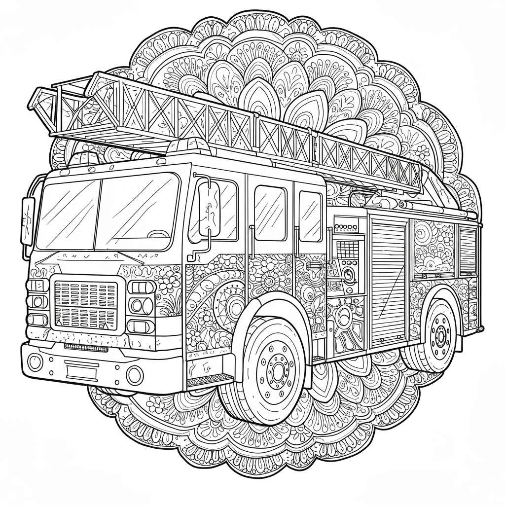página para colorir de mandala de caminhão de bombeiros