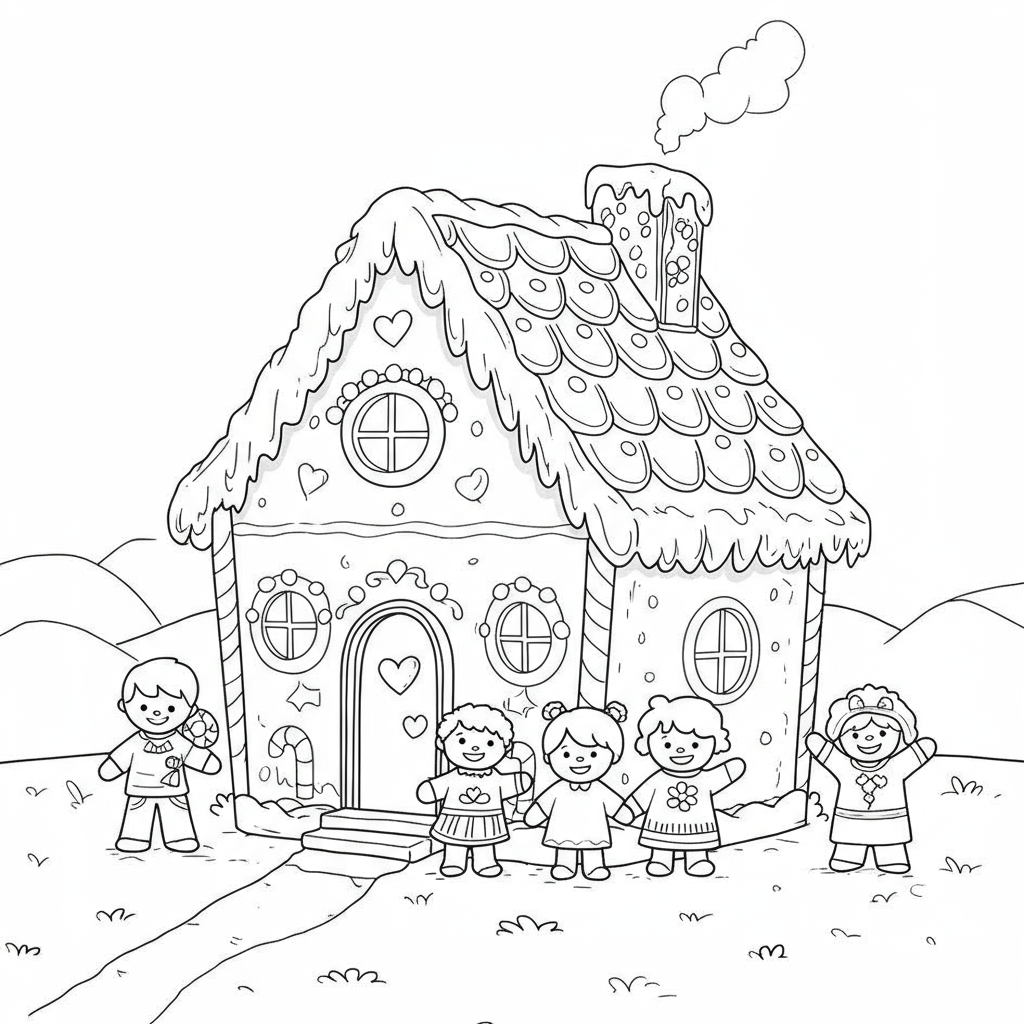 Lebkuchenhaus Familien-Malvorlage