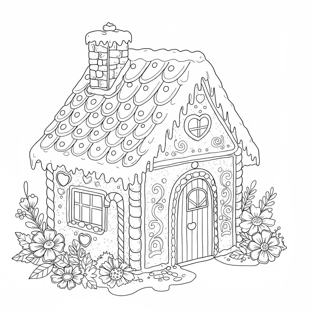 Lebkuchenhaus Blumen-Malvorlage