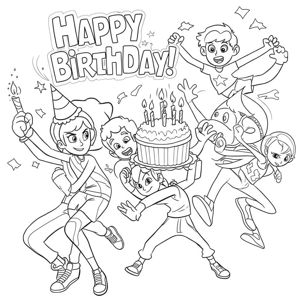 happy birthday action coloring page