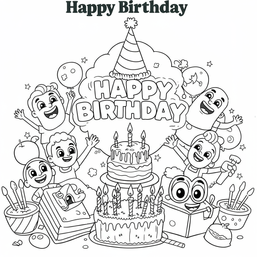 happy birthday cartoon coloring page