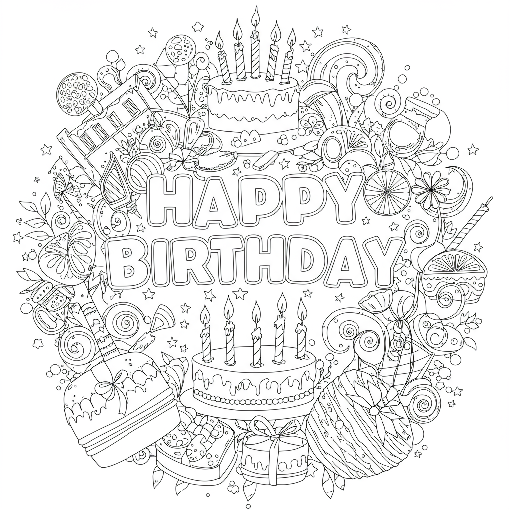happy birthday detailed coloring page