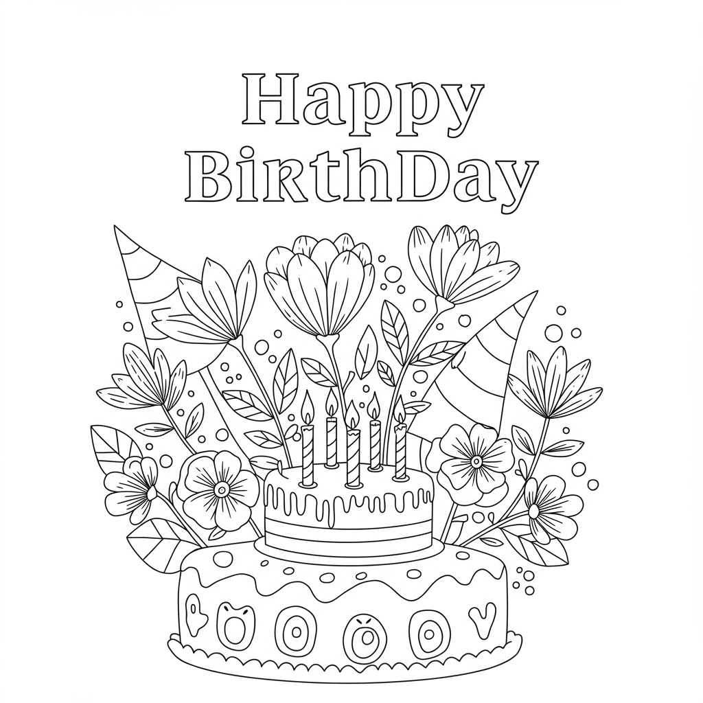 happy birthday flowers coloring page