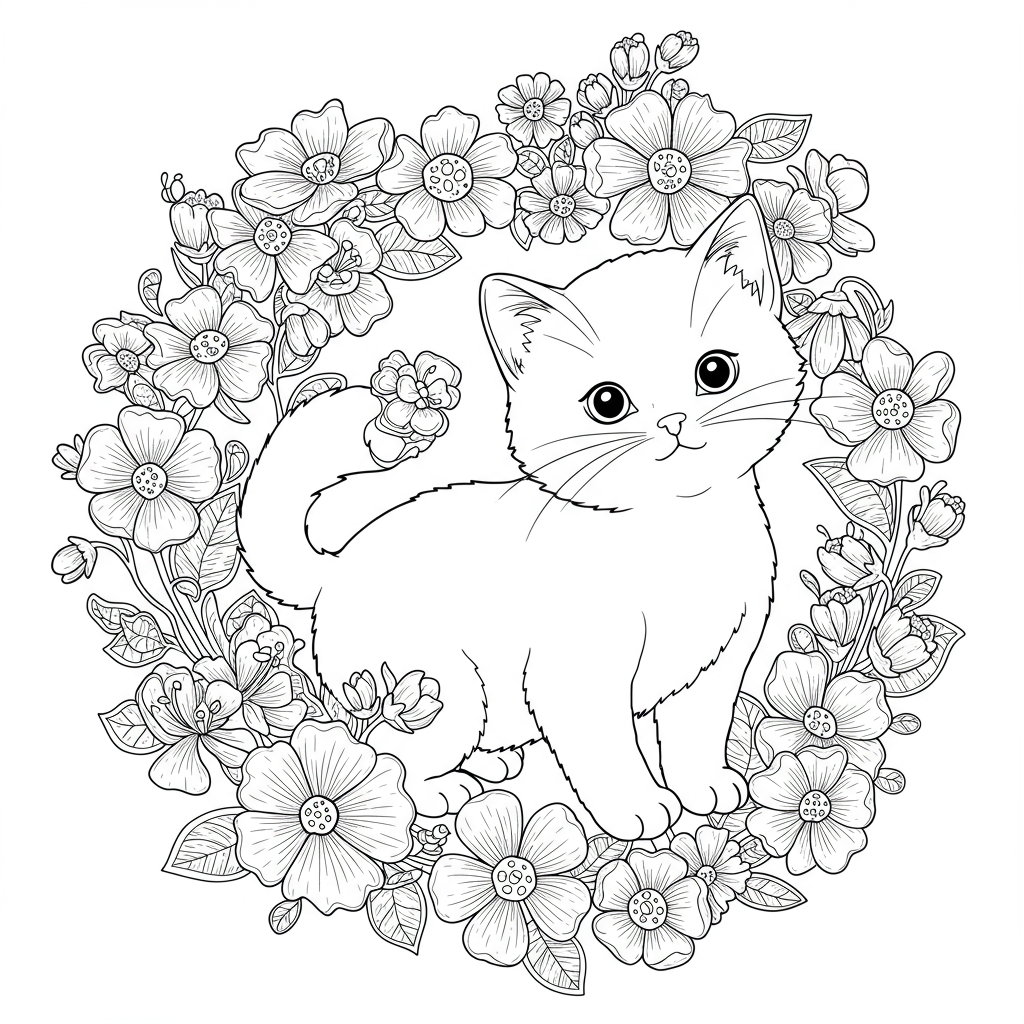 kitten flowers coloring page