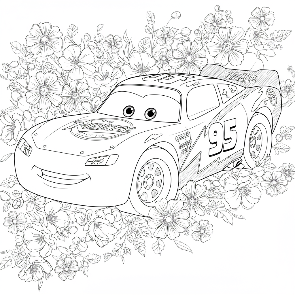 lightning mcqueen çiçekler boyama sayfası
