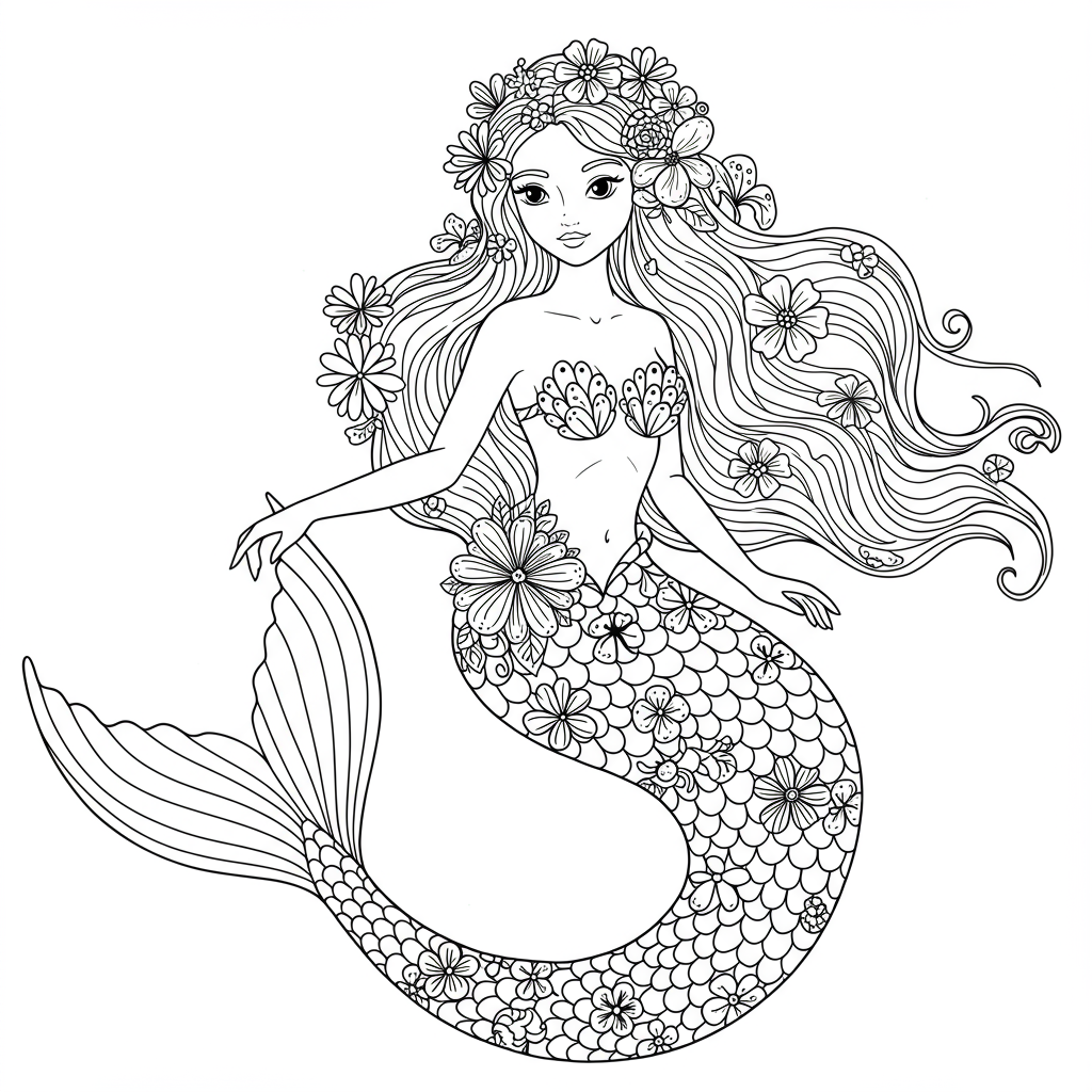 disegni da colorare sirena con fiori