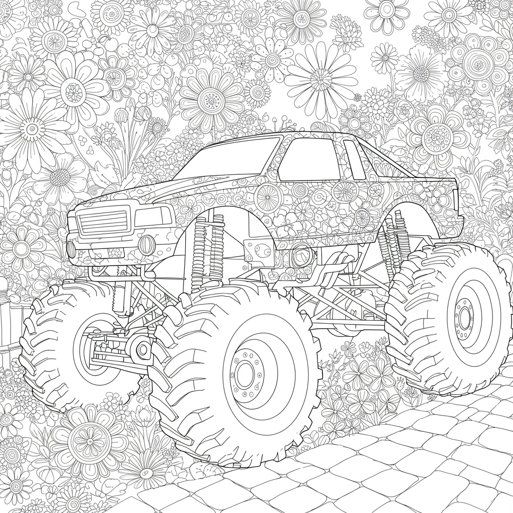 monster truck flowers coloring page