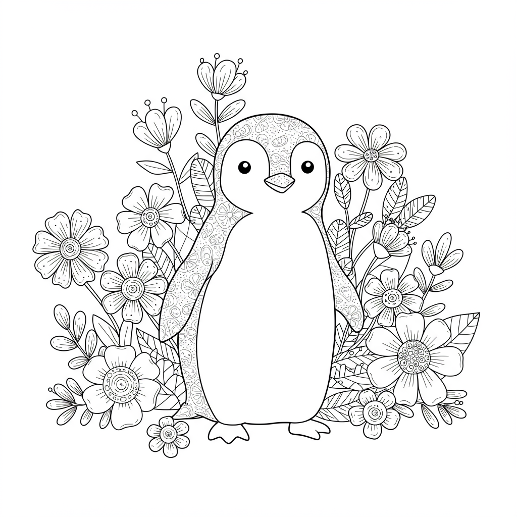 penguin flowers coloring page