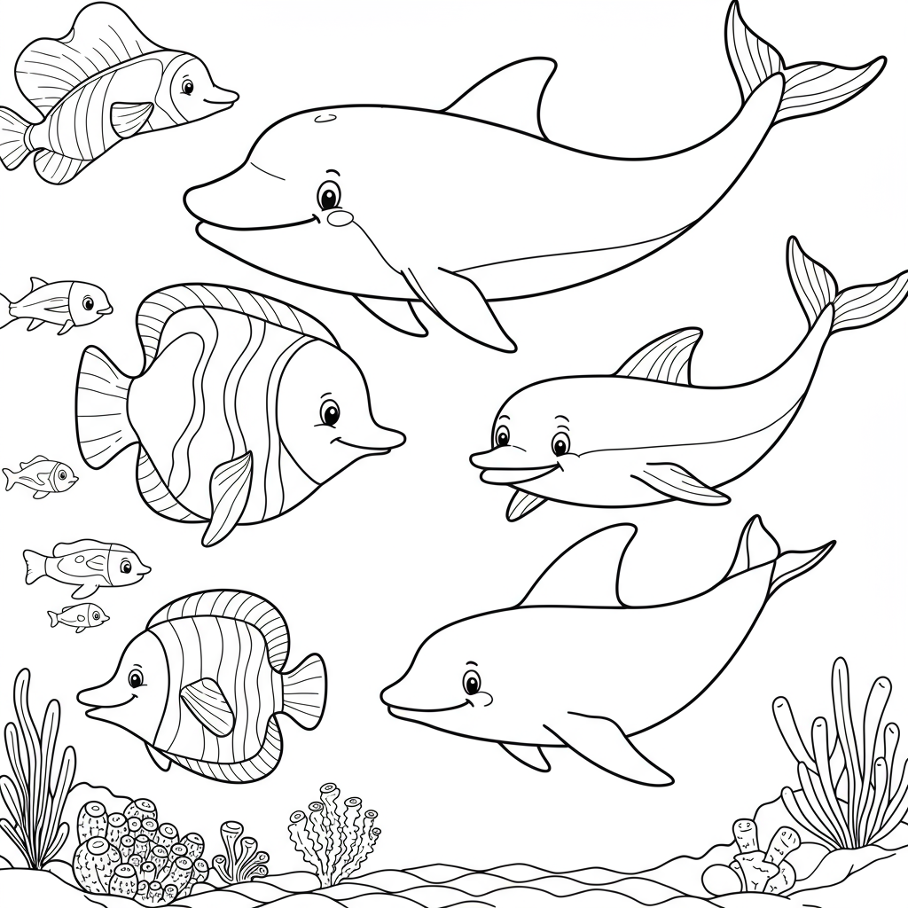 海の動物の漫画ぬりえページ