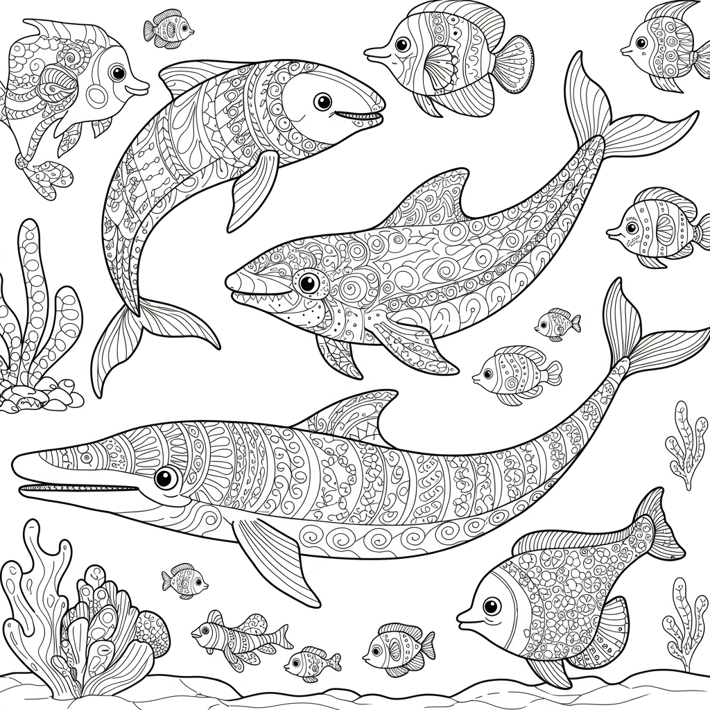 海の動物の装飾的ぬりえページ