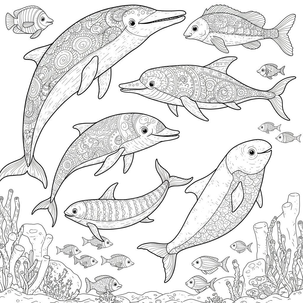 海の動物の詳細なぬりえページ