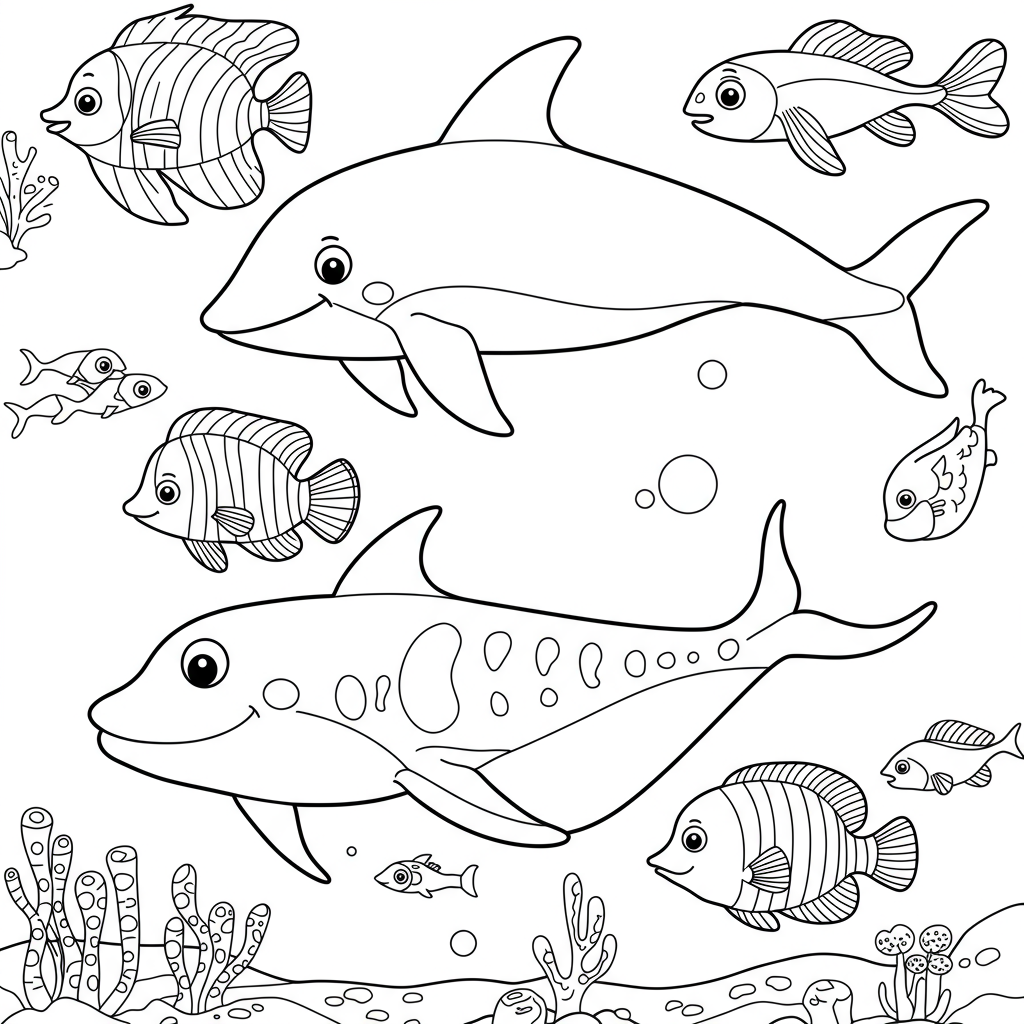 海の動物の簡単なぬりえページ