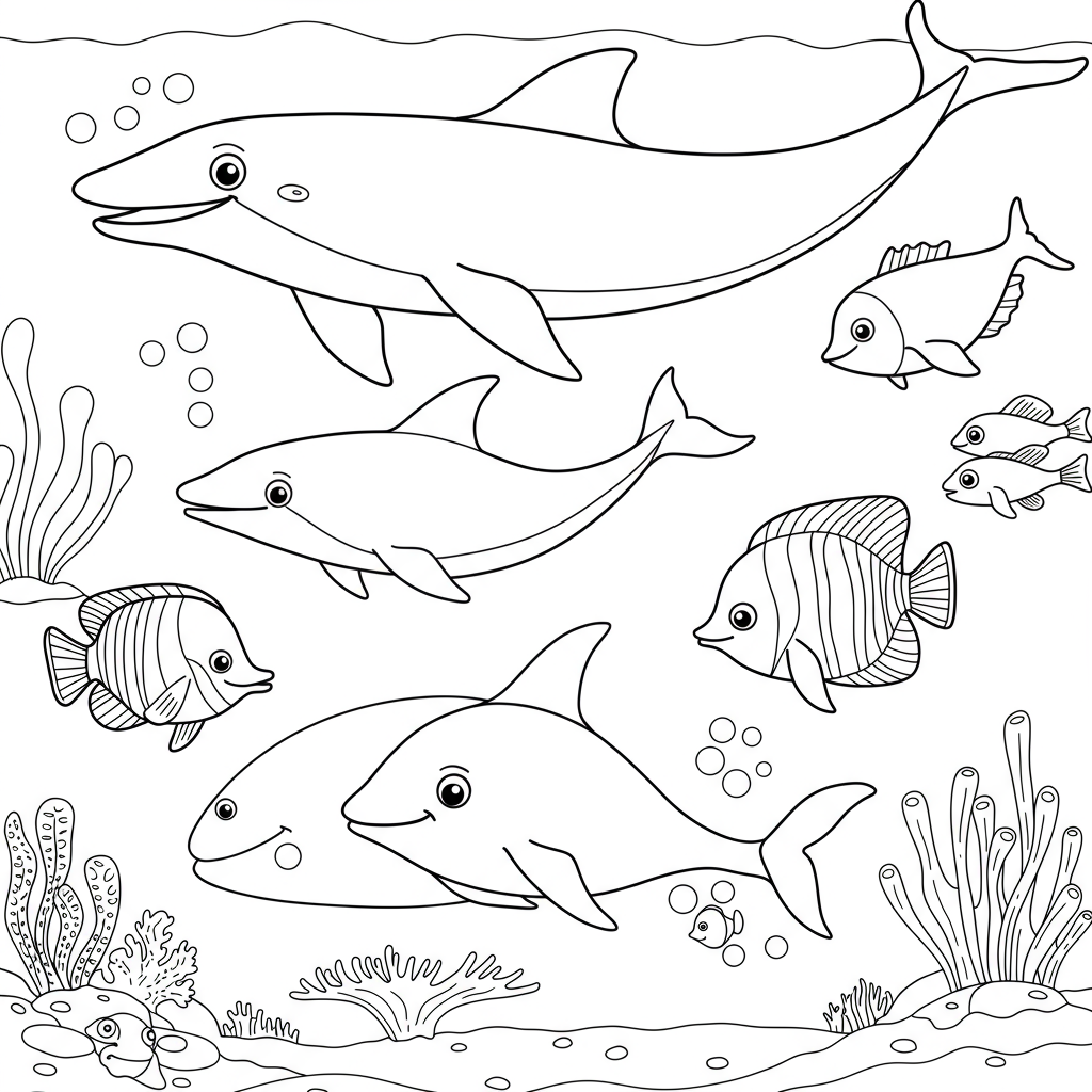 海の動物の教育的ぬりえページ