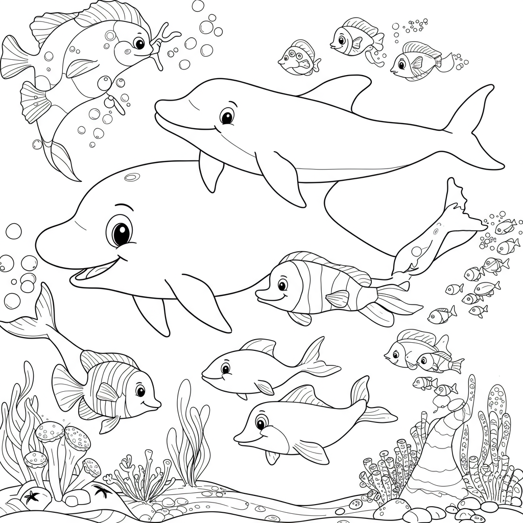 海の動物の家族ぬりえページ