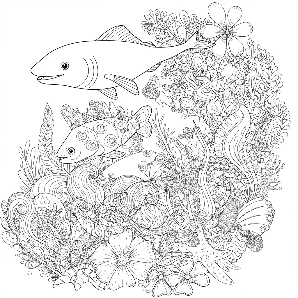 海の動物の花のぬりえページ