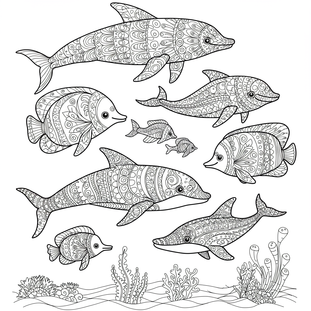 海の動物のマンダラぬりえページ
