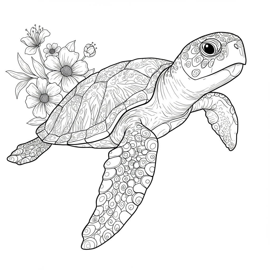 página para colorir de tartaruga marinha com flores