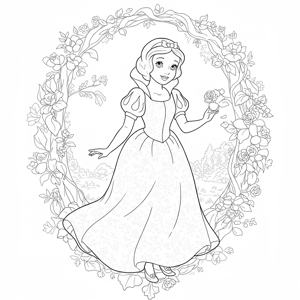 página para colorir fofa da branca de neve