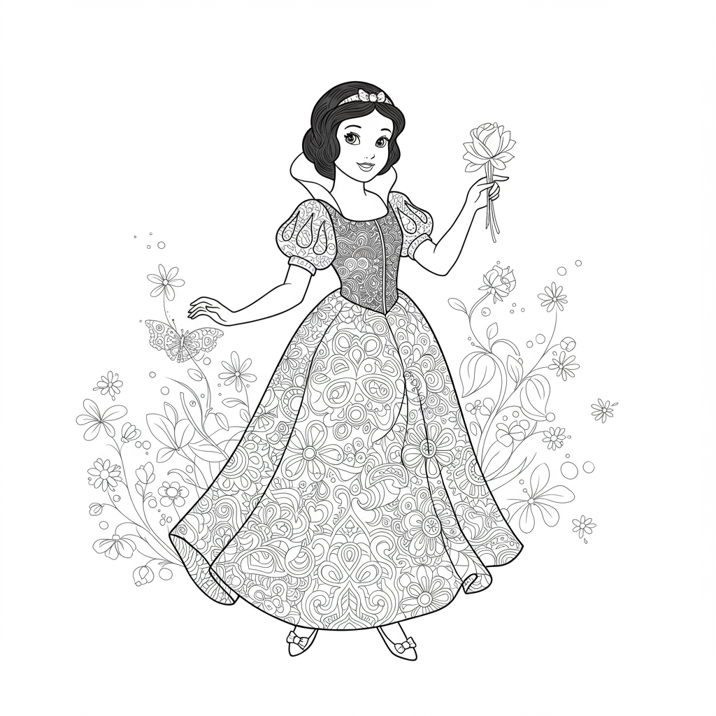 página para colorir decorativa da branca de neve