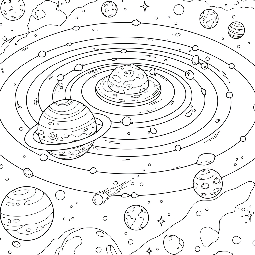 página para colorir de desenho animado do sistema solar