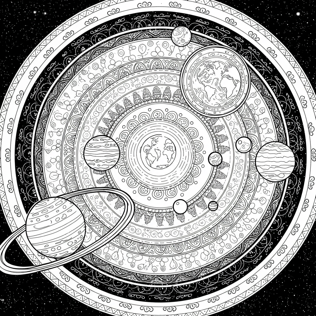 página para colorir mandala do sistema solar
