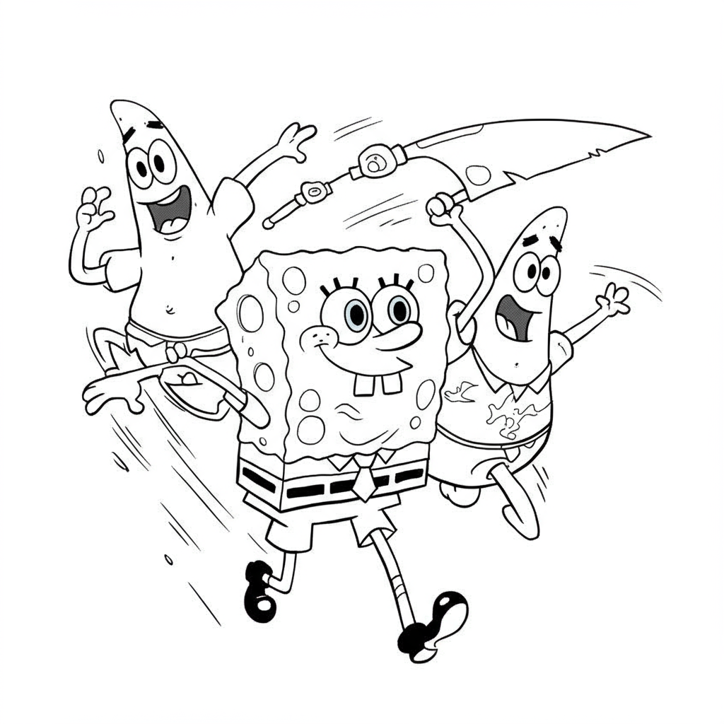 página de colorir de ação dos personagens de bob esponja