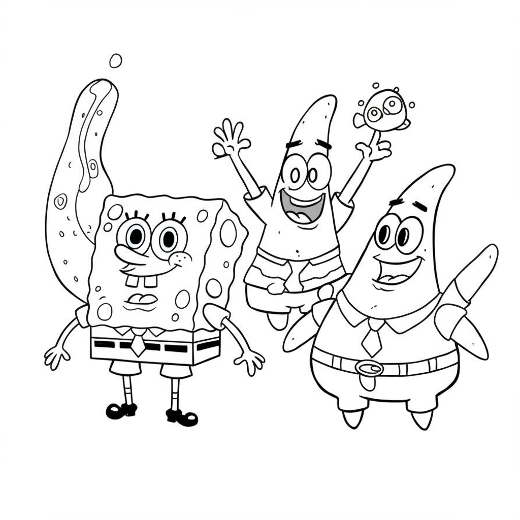 página de colorir fácil dos personagens de bob esponja