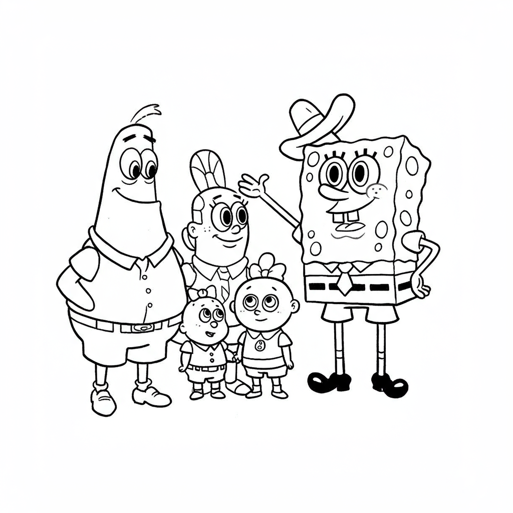 página de colorir da família dos personagens de bob esponja