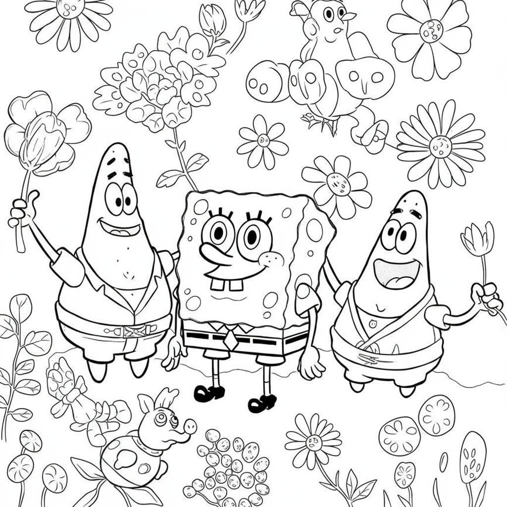 página de colorir de flores dos personagens de bob esponja