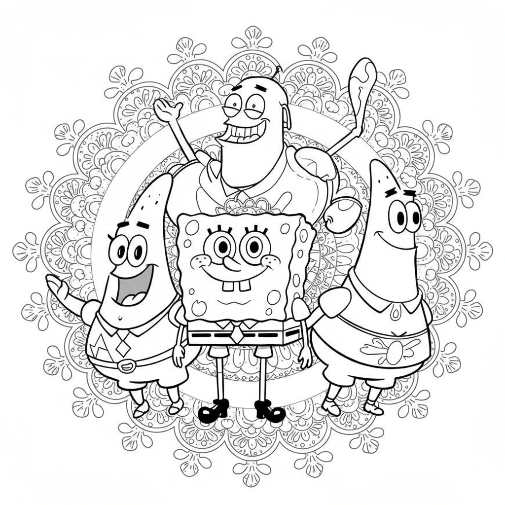 página de colorir mandala dos personagens de bob esponja