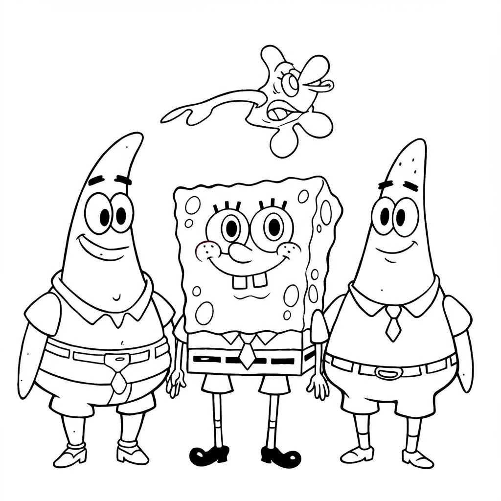 página de colorir retrato dos personagens de bob esponja