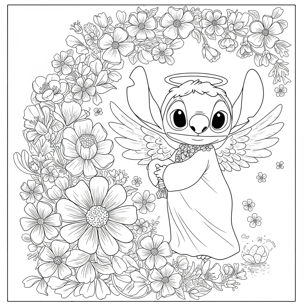 スティッチとエンジェルの花のぬりえページ