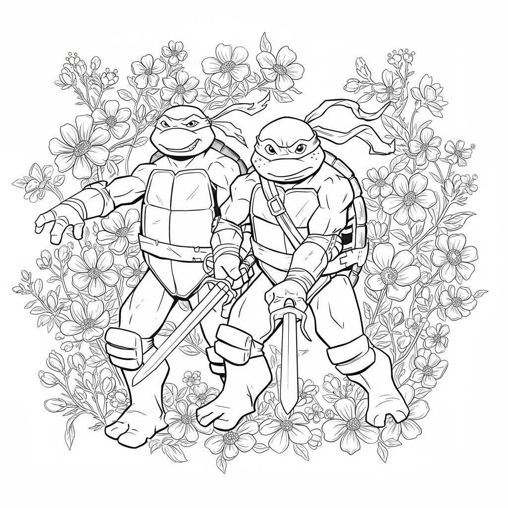 teenage mutant ninja turtles flowers coloring page