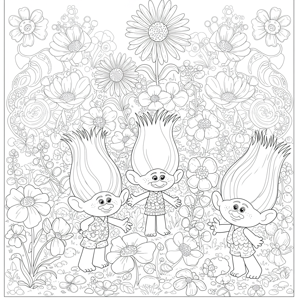 trolls flowers coloring page