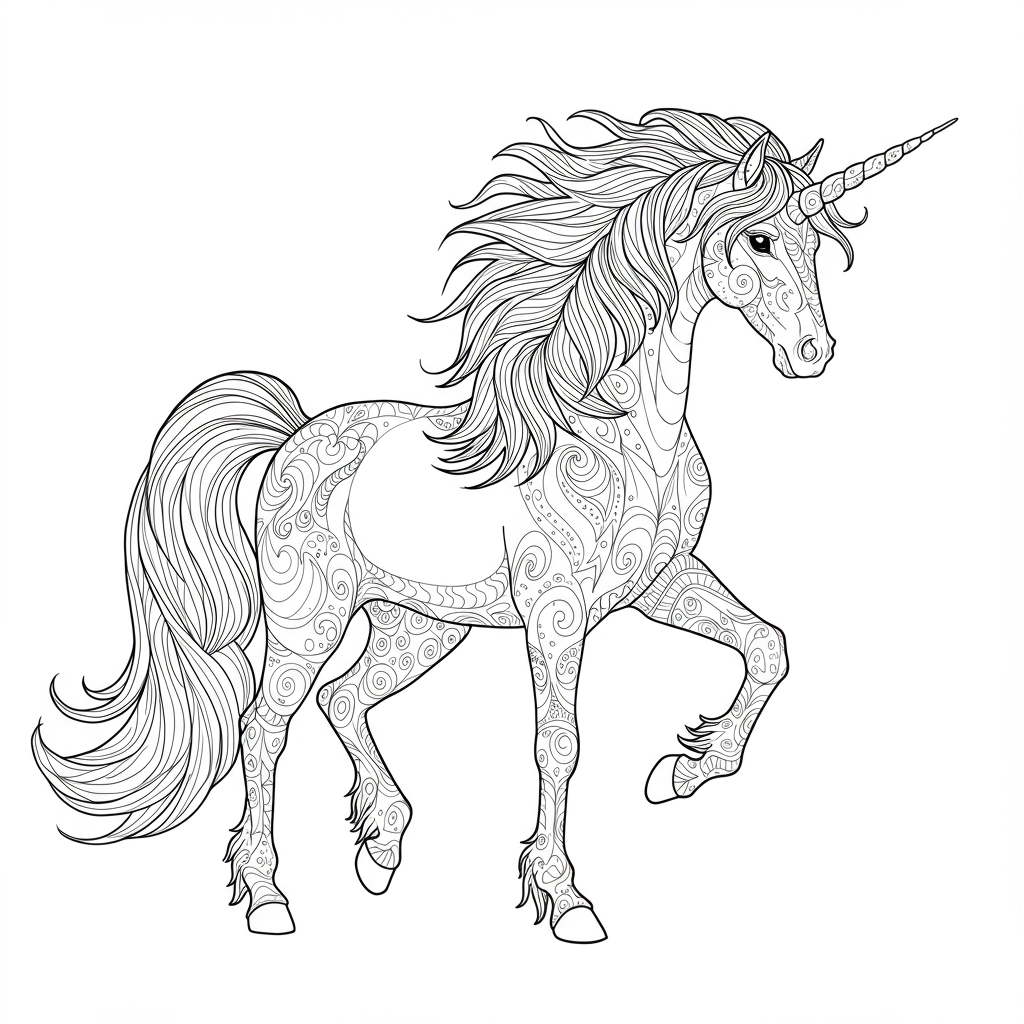 unicorn detailed coloring page