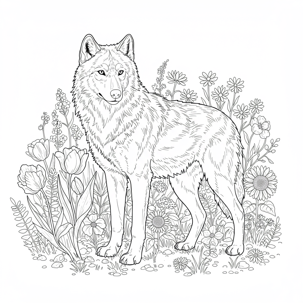 wolf flowers coloring page