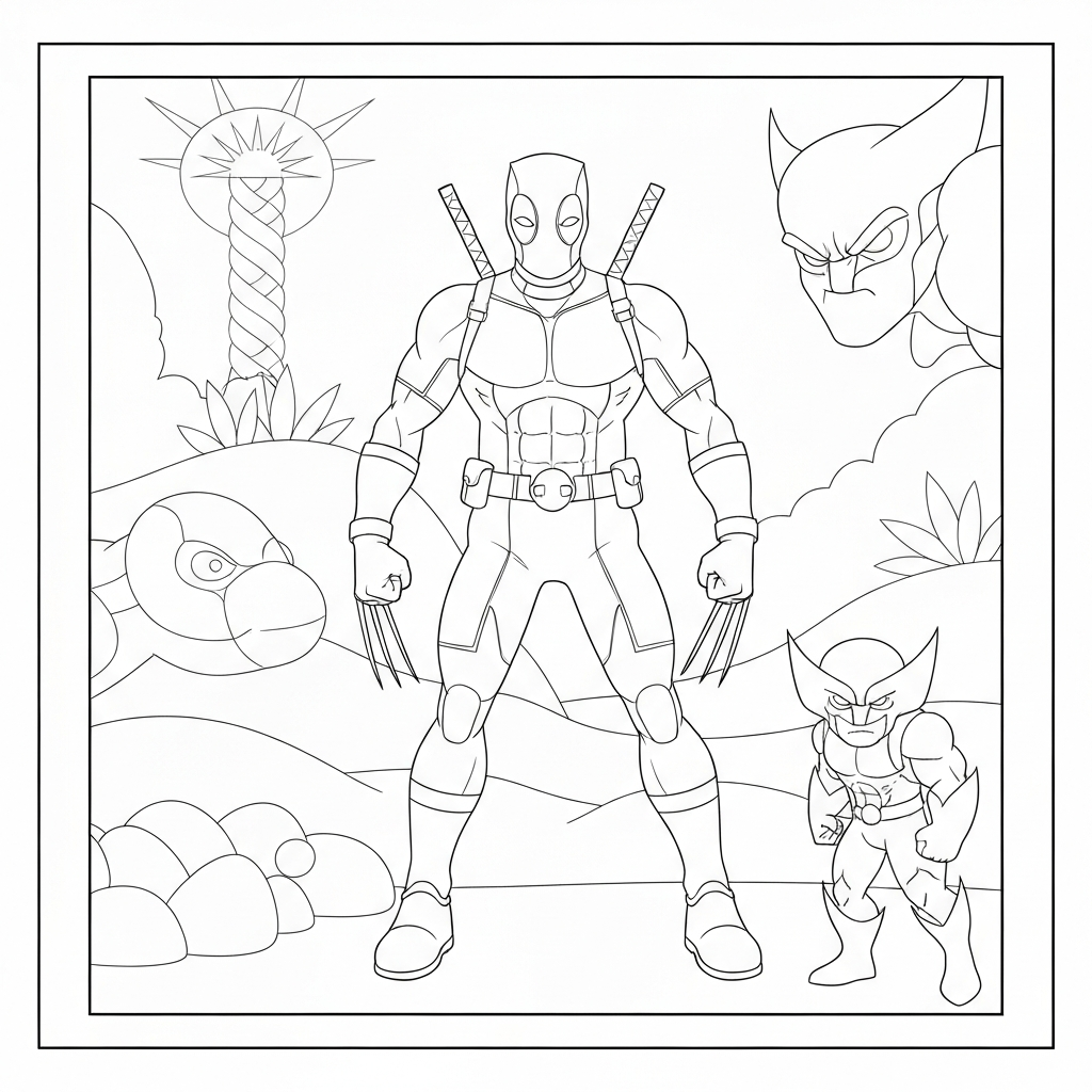 deadpool and wolverine simple coloring page