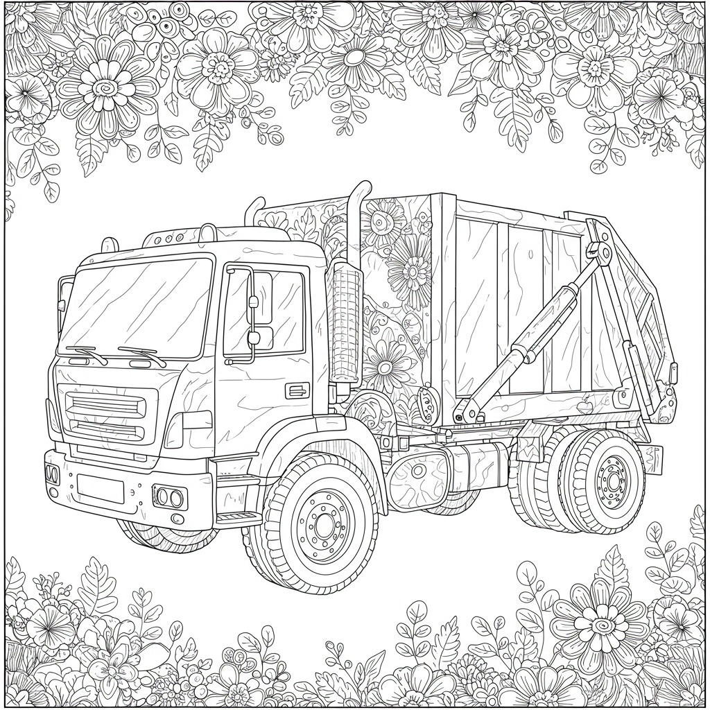 garbage truck flowers coloring page