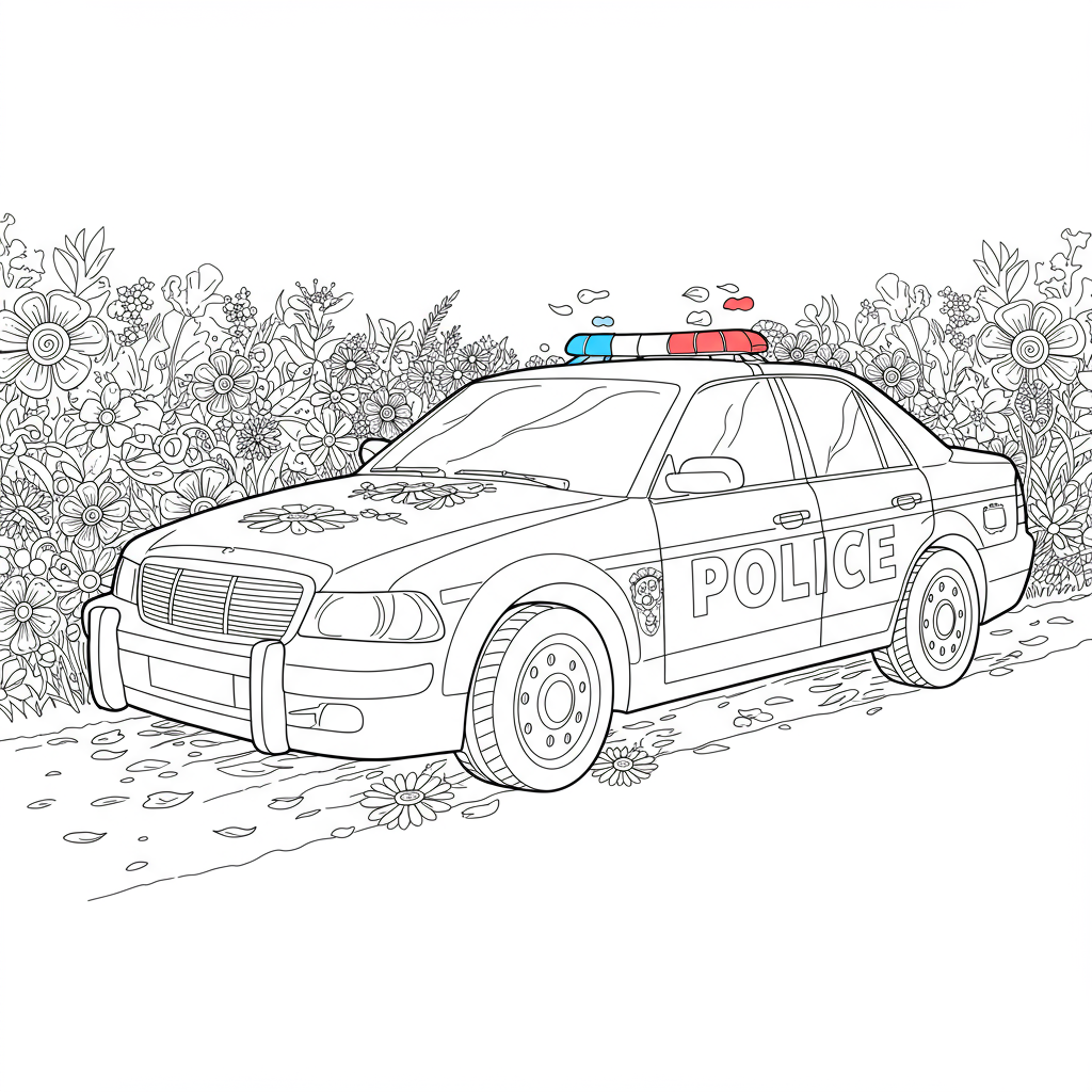 police car flowers coloring page