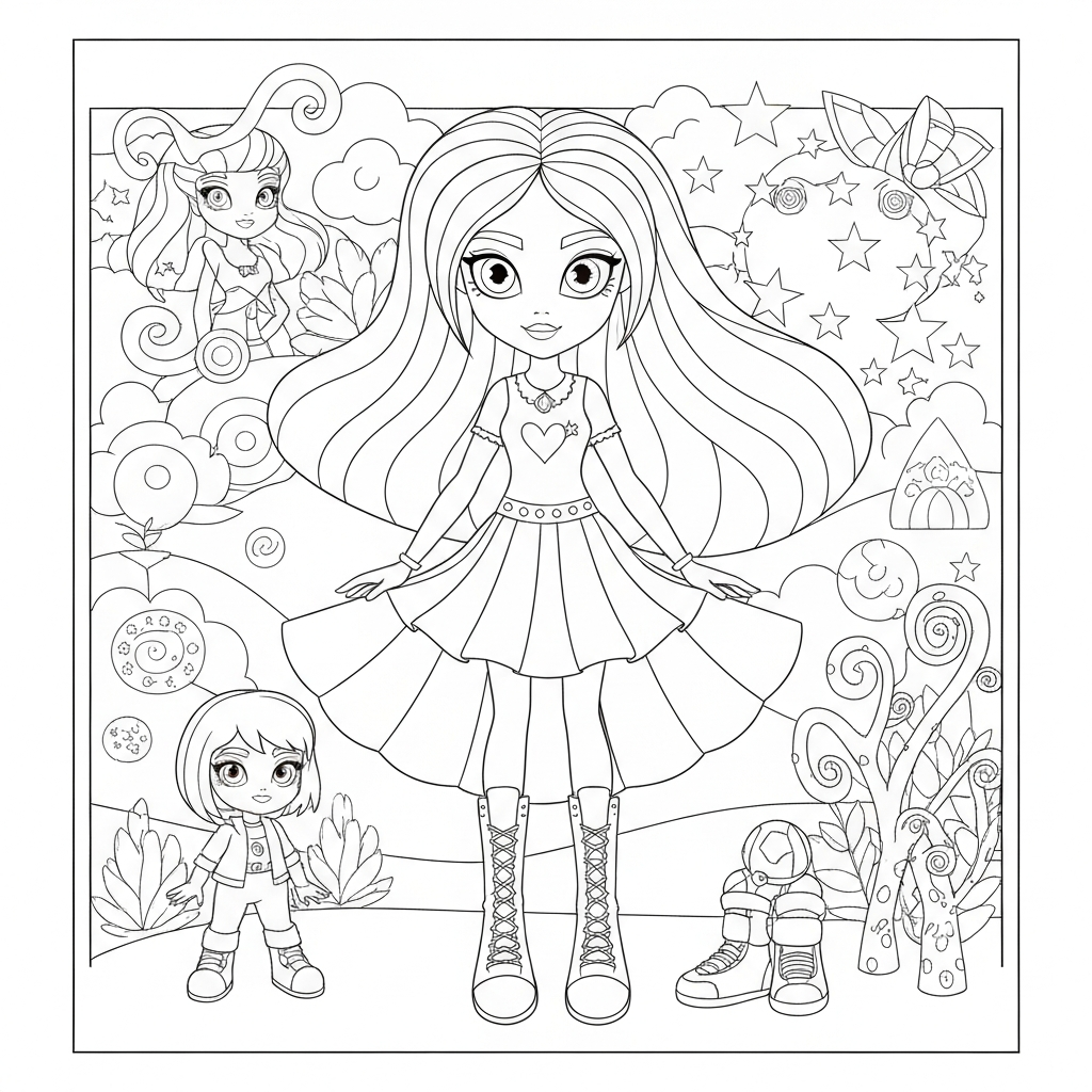 página para colorir de desenho animado de rainbow high