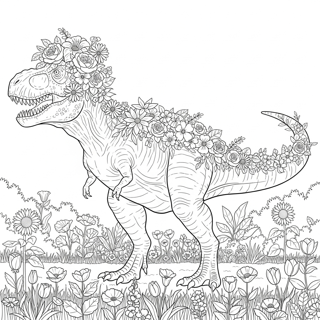 tyrannosaurus rex flowers coloring page
